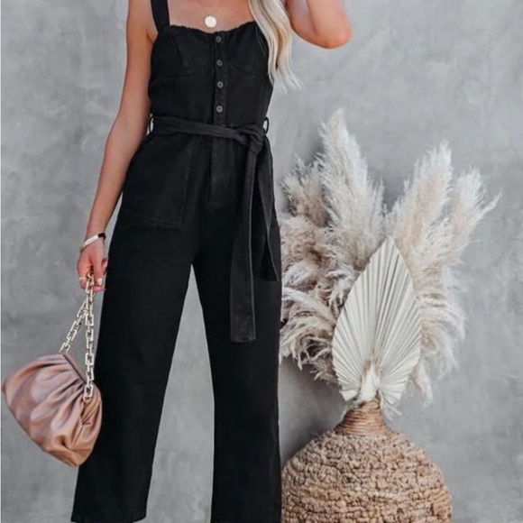 NEW VICI FORE PARK SLOPE BLACK DENIM WAIST TIE JUMPSUIT SZ S - Picture 7 of 8